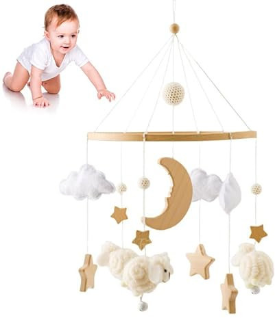Cuna móvil para bebé, madera de oveja, carillón de viento para bebé, luna estrella, colgante de madera, ganchillo, nubes, campana móvil, regalo para bebés, niñas o niños