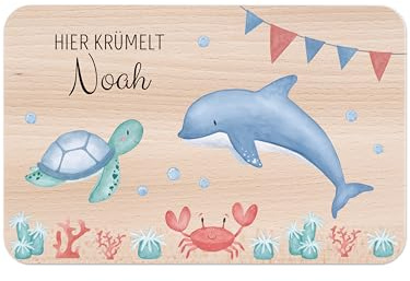 wunderwunsch Frühstücksbrettchen, Personalisierte Brettchen für Kinder | Individuelles Holzbrett personalisiert mit Namen, Spruch Lasur hier krümelt, Kleines Geschenk Taufe, Junge