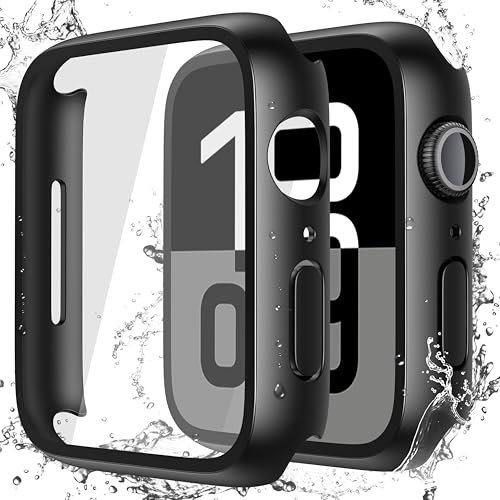 Misxi 2 Stück Wasserdichtes Hartschalengehäuse mit Gehärtetem Glas Kompatibel mit Apple Watch Series 10 46mm, Ultradünne Anti-Fall Schutzhülle für iWatch Displayschutz, Schwarz
