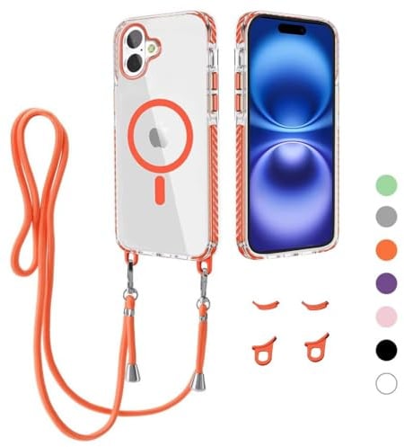 GoodcAcy Crossbody Lanyard Case for iPhone 16 Plus, Case Compatible with Magnetic Transparent Slim Shockproof Clear Phone Case Cover with Lanyard Strap for iPhone 16 Plus-orange