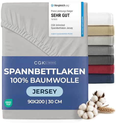 Spannbettlaken Jersey 90x200 cm - 100% Baumwolle weich & atmungsaktiv wärmend - Bettlaken Spannbetttuch mit Rundumgummi für Matratzen bis 30 cm & Boxspringbetten DE - Oeko-Tex Zertifiziert - Hellgrau