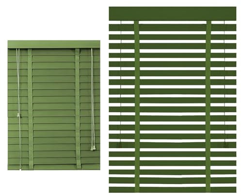 Wooden Venetian Blinds for Windows Custom Size Darkening Shades 2/5cm Slats Horizontal Blind for Bedroom Bathroom Patio Office Cordless Solid Wood Blinds(Green)