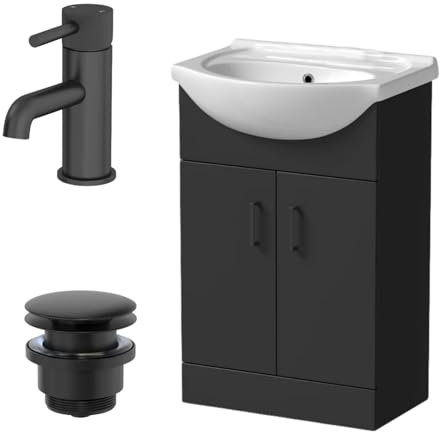 Affine® 560mm Bathroom Vanity Unit Ceramic Sink Floorstanding Storage Cabinet Cupboard & Black Fluted Basin Tap & Waste Set, Matt Black