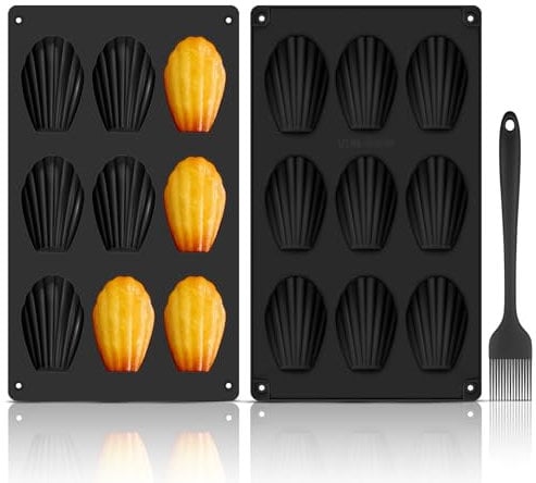 GlasFlength Madeleine Backformen Silikon, 2 PCS Madeleines Bärentatzen Backform 9 Hohlräume mit Silikonpinsel Wiederverwendbar für Madeleine Kekse Kuchen Schokolade SüßIgkeiten EiswüRfel (Schwarz)