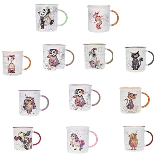 KIUB Set mit 12 Tassen mit Tieren (Katze, Hund, Eichhörnchen, Panda, Einhorn...) Fassungsvermögen 320 ml – Höhe 9,5 cm (3,7 Zoll) – Porzellan