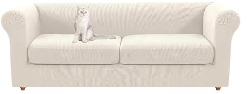 Stretch Spandex Sofa Slipcover Set for Curved Couch White Large 2 Seater Non Slip Cover with Separate Cushion Covers Fits 1 2 3 Seater Chesterfield Sofa