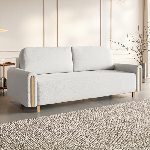 MOTIVENA Notti 3 Sitzer Sofa mit Bettfunktion, Schlafsofa 235 cm Breit, Klappsofa mit Schlaffunktion, Schlafsofa mit Bettkasten, Bettsofa mit Schlaffunktion, Boucle Sofa Weiß