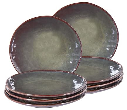 Set of 8 Big Dinner Plates Dessert Stoneware Kaolin Handmade Reactive Glaze Finish Dark Green Thyme