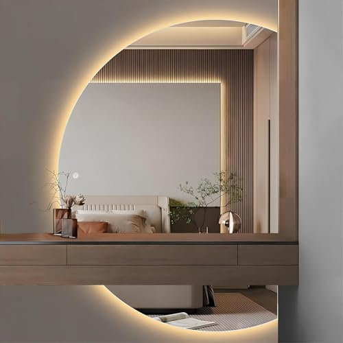 Mbbpftse LED Specchio Mezza Luna Da Parete, Retroilluminat Decorativo da Parete con Funzione di Defog, Specchio a Prova di Esplosione Semicircolare (90L x 63l cm)