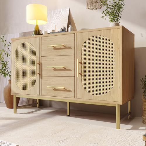 Rattan Kommode Sideboard mit 2 Türen und 3 Schubladen, Komodenschrank, für Schlafzimmer und Wohnzimmer, Verstellbare Regale, Kippschutz, 120x40x74 cm, Sonoma Eiche