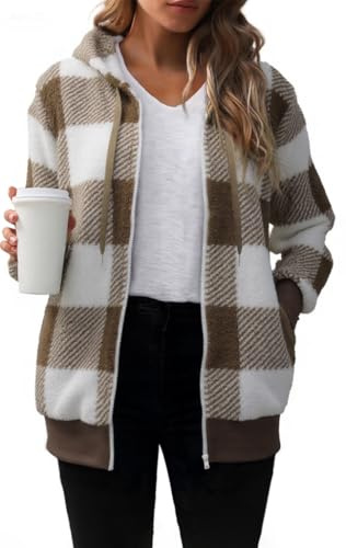 ROFUSSO Damen Teddy Fleece Hoodie Jacke Winter Warm Kariert Fleecejacke Stilvoller ReißVerschluss Plüschjacke Langarm Teddy Mantel Kapuzenjacke mit Taschen