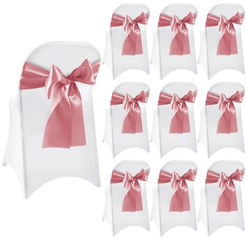 Nagoyuki 20 Pcs White Folding Chair Cover Set with Stretch Slipcovers 25 Satin Chair Sashes Bows Ribbon Washable Banquet Protector for Wedding Event Party (White, Rose Gold)