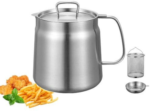 Frittiertopf Mit Korb, 2L Siebtopf Fritteuse, Edelstahl-Ölfiltertopf zum Kochen, Große Kapazität Fettbehälter Kochtopf, Oil Strainer Pot, Fritteuchsen Fettkanne für Pommes Frites,Fisch,Hähnchen