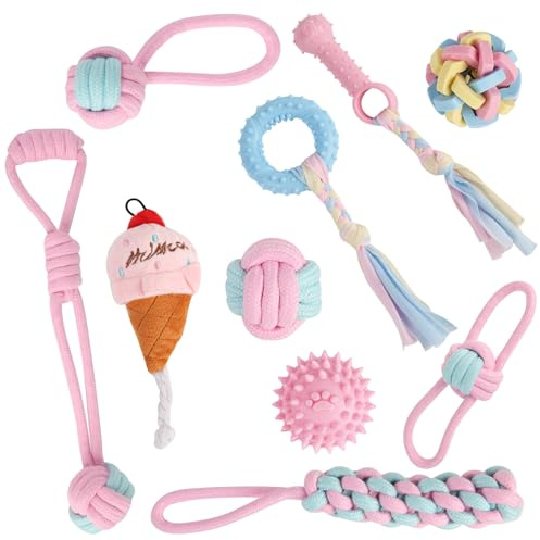 ALULIYO Puppy Toys, 10PC Puppy Chew Toys, Pink Puppy Toys from 8 Weeks | Natural Cotton Puppy Teething Toys, Multipack Dog Toys, Teething Toys for Puppies & Small Dogs