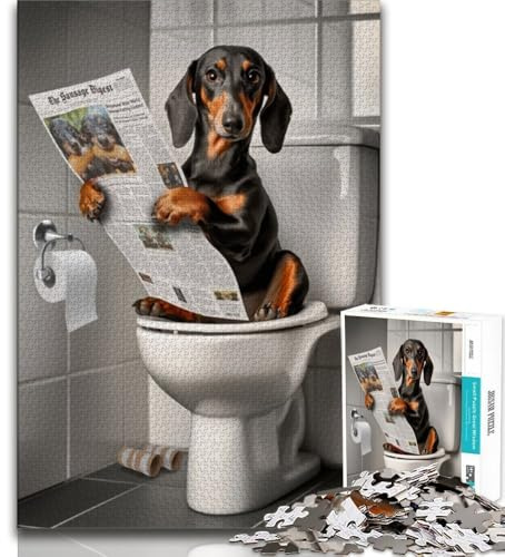 Puzzle für Teenager Dackel auf der Toilette 1000 Teile für Teenager entspannendes intellektuelles Lernspielzeug Geburtstagsgeschenk Geschenke (26x38cm)