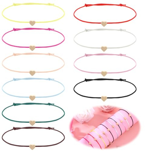 Lot de 10 bracelets d'amitié en forme de cœur - En filigrane - Taille réglable - Pour femmes et filles (plusieurs couleurs)