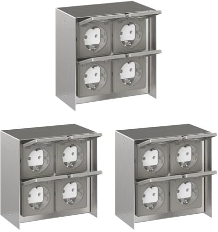ledscom.de 3x Außensteckdose 4-fach STEDDA, IP44, Edelstahl edelstahl quadratisch, Steckdosen für Garten, Terrasse und Außenbereich