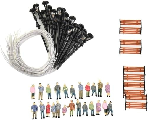 Hophelia 49 Stück Modelleisenbahn-Setup, Mini Modelleisenbahn Figuren Bemalte Sitzende und Stehende Personen Verschiedene Posen Miniaturleute Spur H0 Figuren, Bänken und Lichtpfosten