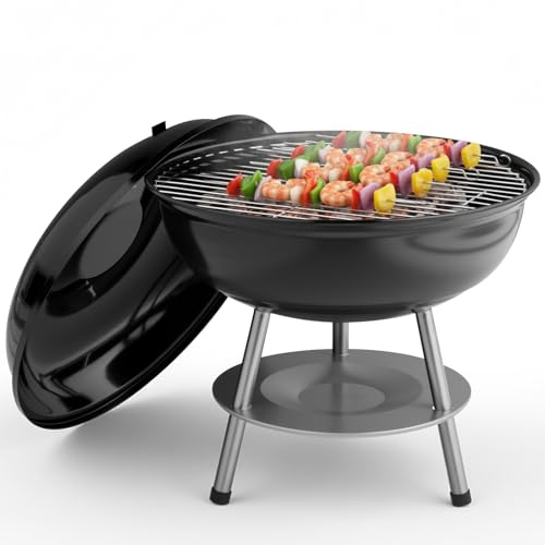 Outopee 14 Portable Charcoal Grill, Tabletop Outdoor Barbecue Smoker with Dual Venting System, Enamel Coated, Small BBQ Grill for Camping Garden Party Picnic Cooking, Black