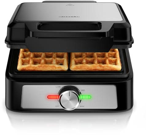 Arendo - Waffeleisen doppelt für belgische Waffeln - mit Bräunungsgradeinstellung – 1600 Watt – quadratisches Waffeleisen – Kontrollleuchten – Antihaftbeschichtung – schwarz silbernes Design
