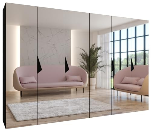 MEBLE KRYSPOL - Kleiderschrank - Garderobenschrank - 300 cm x 202 x 52 cm - Schrank mit Kleiderstange und Spiegel, 6 Türen - für Schlafzimmer, Flur - SANDI, Schwarz, Griff Schwarz