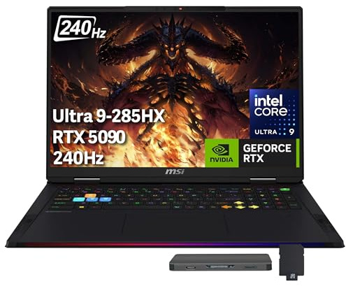 msi Raider 18 QHD+ 240Hz Gaming Laptop, Intel Core Ultra 9 285HX, GeForce RTX 5090 24GB GDDR7, 64GB DDR5, 5TB Storage (4TB SSD+1TB Docking Station), 24-Zone RGB Backlit Keyboard, Win 11 Pro, Black