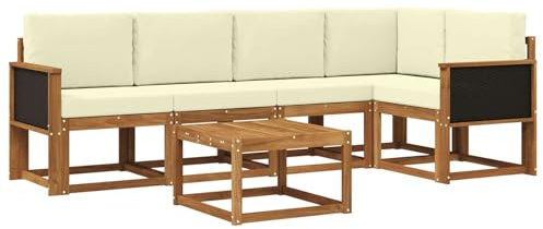 vidaXL Outdoor-Sofagarnitur 6 pcs Natur und Creme Massivholz Akazie, Outdoor-Ecksofa, modernes Lounge-Set für Garten, Robustes Sitzmöbel für Terrasse, Entspannen