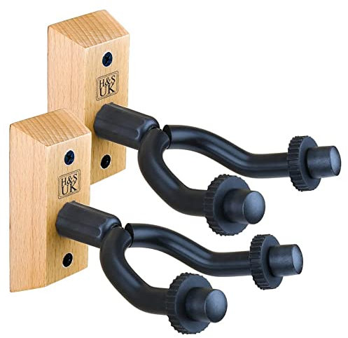 H&S Guitar Wall Mount - Guitar Wall Hanger with Solid Wooden Base - Rubber Hooks for Safe Display Stand - Mounted Bracket Holder for Guitars - Electric Bass or Acoustic - 2 Pack
