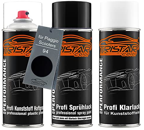 TRISTARcolor Vernice per moto Spray per plastica per Piaggio 94 Nero Lucido | per Piaggio Scooters, Kit bombolette spray per paraurti/plastica