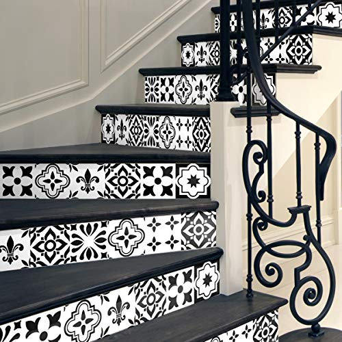 6 selbstklebende Aufkleber Treppe Fliesen | Aufkleber Setzstufe Zementfliesen - Aufkleber Setzstufe Fliesen - Azulejos - 15 x 105 cm - 6 Streifen