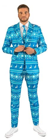 OFFSTREAM Weihnachtsanzüge für Herren in Verschiedenen Drucken - Besteht aus Sakko, Hose und Krawatte, L Weihnachten Nordic Blue