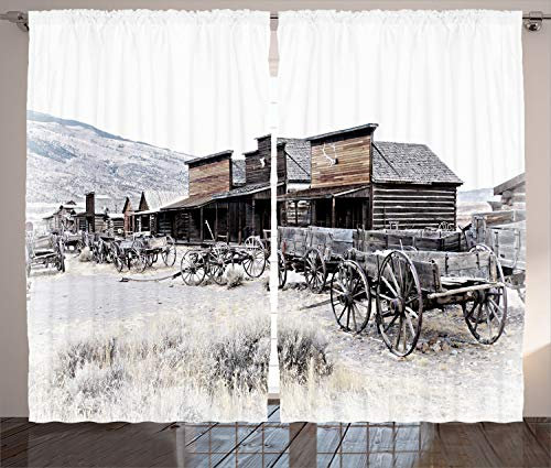 ABAKUHAUS Western Rustikaler Gardine, Alte hölzerne 20s Stadt, Schlafzimmer Kräuselband Vorhang mit Schlaufen und Haken, 280 x 175 cm, Braun und Weiß