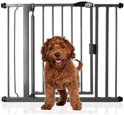 Bettacare Auto Close Pet Gate, 89.4cm - 96.4cm, Slate Grey, Pressure Fit Stair Gate for Dog & Puppy, Safety Barrier for Doors Hallways and Spaces, Easy Installation | Pressure fit, no drilling, one-handed opening, double locking, auto-close, easy install.