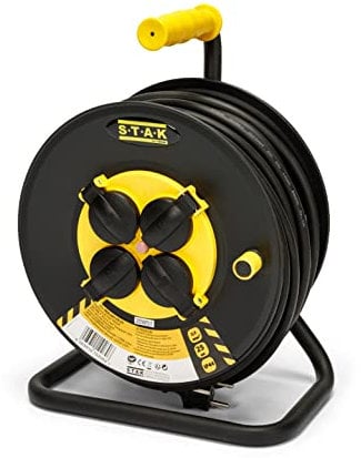 Stak REELART-FR-25 Avvolgicavo elettrico professionale, water proof IP44 cavo 25 m in gomma 3G2,5 mm2 per cantiere, bricolage, giardino, 4 prese, struttura in acciaio, nero
