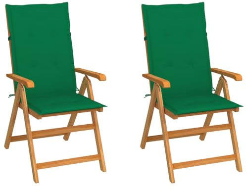 vidaXL 2X Teak Massiv Gartenstuhl mit Grünen Kissen Klappbar Hochlehner Klappstuhl Gartensessel Holzstuhl Stuhl Stühle Gartenstühle