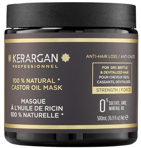 Kerargan - Haarmaske gegen Haarausfall mit Rizinusöl - Intensive Pflege für Trockenes und Brüchiges Haar - Angereichert mit Aloe Vera - Ohne Sulfate, GVO, Mineralöl - 500ml