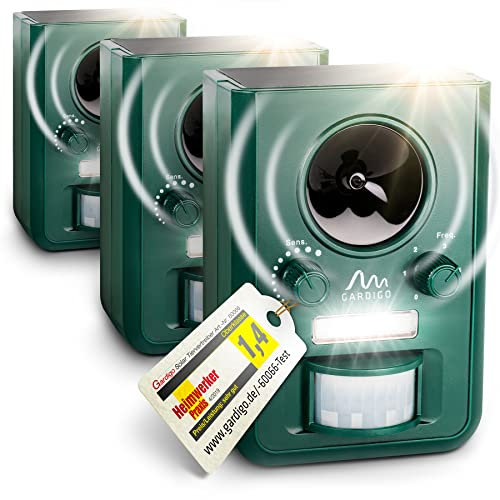 GARDIGO® Tiervertreiber Ultraschall Solar - 3er Set I Katzenschreck und Marderabwehr mit Blitzlicht I Multifrequenz Gerät, 5 Modi, Gesamtfläche ca. 75m² (ca. 9 m, 110°) I Batterien & USB-Ladekabe