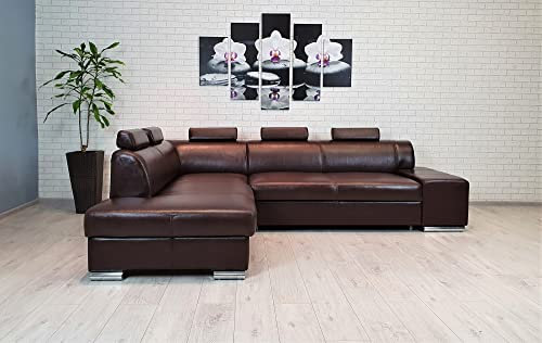 Quattro Meble Dunkelbraunes Echtleder Ecksofa London II 5z 200 x 275 (Ecke Links) Sofa Couch mit Schlaffunktion, Bettkasten und Kopfstützen Echt Leder Eck Couch Leder Antique Farbaahl