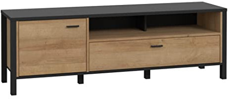 FORTE HIGH ROCK TV Unterschrank links mit 1 Tür und 1 Schubladen, Holzwerkstoff, Schwarz / Riviera Eiche, 151.3 x 49.9 x 40.2 cm