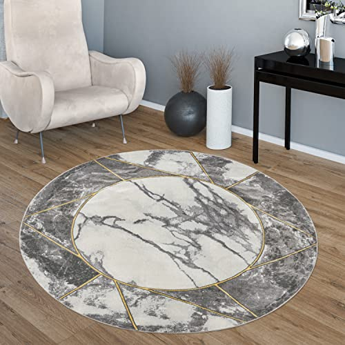 Paco Home Wohnzimmer-Teppiche Grau Gold Weich Marmor Optik Kurzflor mit vers. Designs, Grösse:160 cm Rund, Farbe:Gold 5