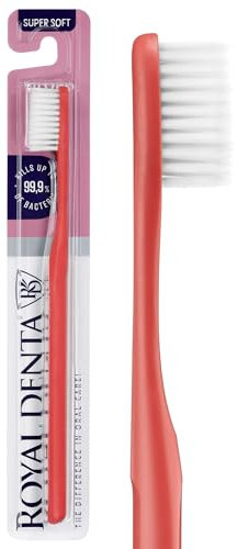 Spazzolino Extra Morbido con Particelle d’Argento | Spazzolino Manuale Ultra Soft per Denti & Gengive Sensibili | Setole Super Morbide Antibatteriche 99,9% | Royal Denta | Rosso Corallo