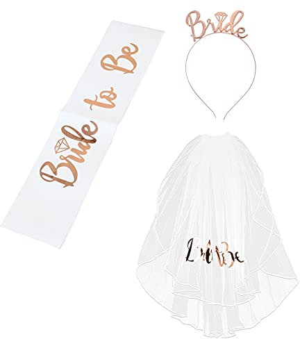 Yolev Bride to be Schleier Gürtel Set Brautschleier Tiara JAG Accessoires Dekoration für Junggesellinnenabschied Heiratsantrag Hochzeitsaccessoires (Roségold)
