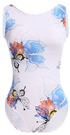 OBEEII Ballett Trikot Damen Ärmellos Ballettanzug Blumenmuster Ballett Body Trikot Sport Tanzbody Gymnastik Einteiler Overall Bodysuit Leotard Tank Top Kostüm Weiß X-Large