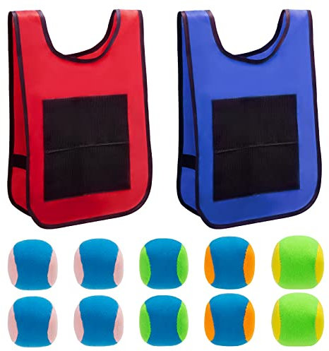 MoonSing Draussen Spielzeug für Kinder, Völkerballspiel Westen mit 10 Stück Ball, Wurfziel Spiel Wurfball Klettwesten Set für Erwachsene und Kinder Outdoor Spielzeug, 2 en 1 Set (Rot & Blau)