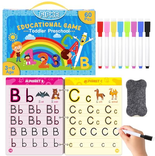 Preschool Livre de pratique d'écriture manuelle, activités d'apprentissage préscolaire, 60 pages, copybook de pratique magique réutilisable pour enfants, jouets Montessori éducatifs pour enfants de 3