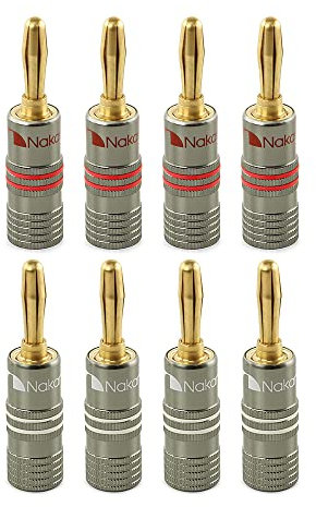 Nakamichi Ultimate Series 24K vergoldeter Beryllium-Rotes-Kupfer-Bananenstecker Banana-Steckverbinder für Lautsprecherkabel 12-18 AWG Gauge Größe 4 mm, für HiFi-Boxen Verstärker 8 Stück (4 Paare)