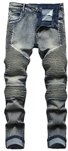 COOSVEN Men Ripped Jeans, Slim Fit Straight Leg, Denim Pants with Holes, Distressed Blue Biker - Stretch, 28
