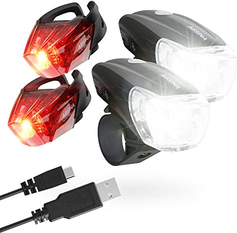 ABSINA 2X LED Fahrradlicht Set USB aufladbar - 100m Reichweite, 180 Lumen & 50 Lux - Fahrradbeleuchtung Set StVZO zugelassen - Fahrradlampe vorne & hinten, Fahrrad Lichter LED Set, Fahrrad Licht Set