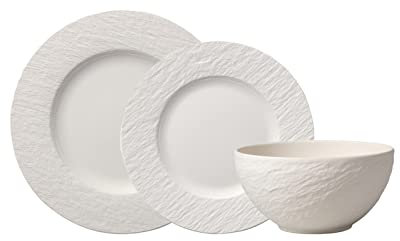 Villeroy & Boch Manufacture Rock Blanc Teller-Set 12-teilig, Weiß, Tafelservice für 4 Personen, Speiseteller ø 27 cm/Frühstücksteller ø 22 cm/Bol ø 14 cm, Premium Porzellan, Schiefer-Optik