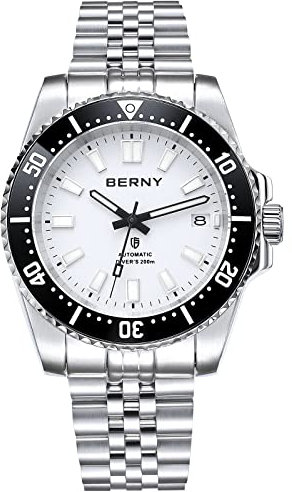 BERNY Taucheruhr für Herren AR-Beschichtung Saphirglas drehbare Lünette Automatische Armbanduhr mit einschraubbarer Krone 20ATM Wasserdicht Edelstahl Armband Uhren Super Leuchtend Weiß
